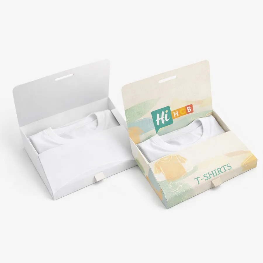 Two slimline t-shirt boxes with internal flaps and hinged lids- featuring a minimalist branded aesthetic- class=